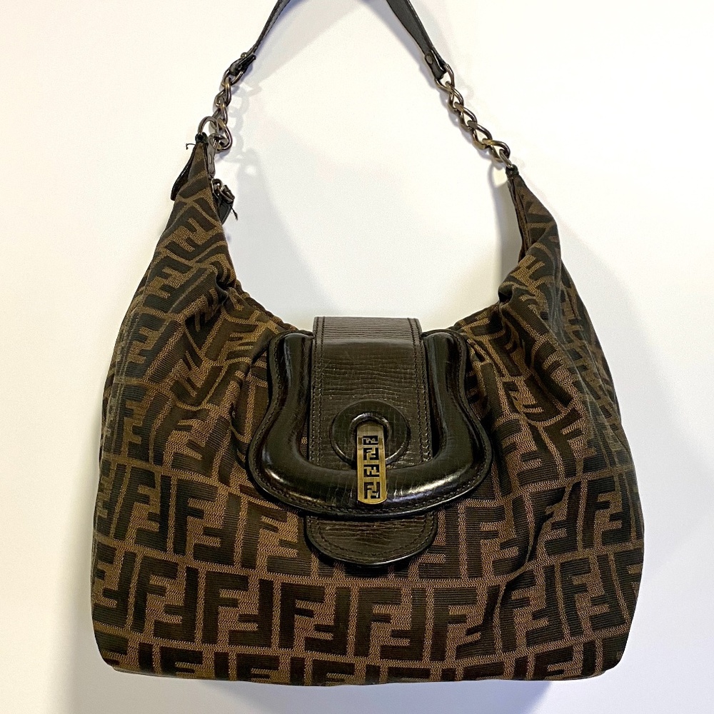 Authentic FENDI Zucca Canvas/Leather Hand Bag